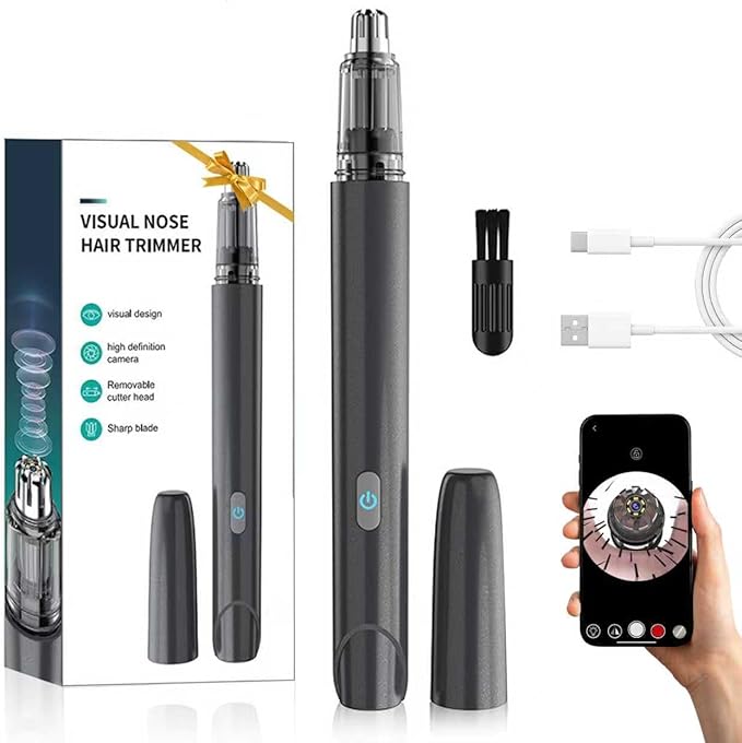 Ear and Nose Hair Trimmer for Men and Women, Visual Nose Hair Trimmer HD Camera, Compatible Android and iOS, USB-C Charging, Travel Trimmer, Dual Edge Blades for Easy Cleansing (Gray)