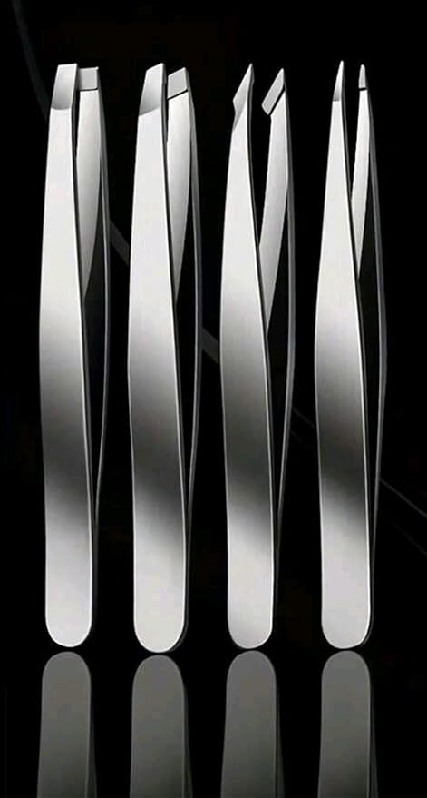 4-Piece Stainless Steel Tweezer Set - Tweezers for Eyebrows, Precision Tweezer Set for Women & Men - Ingrown Hair Tweezer, Long Lash & Eyelash Tweezers, Tweezers for Crafting (Silver)