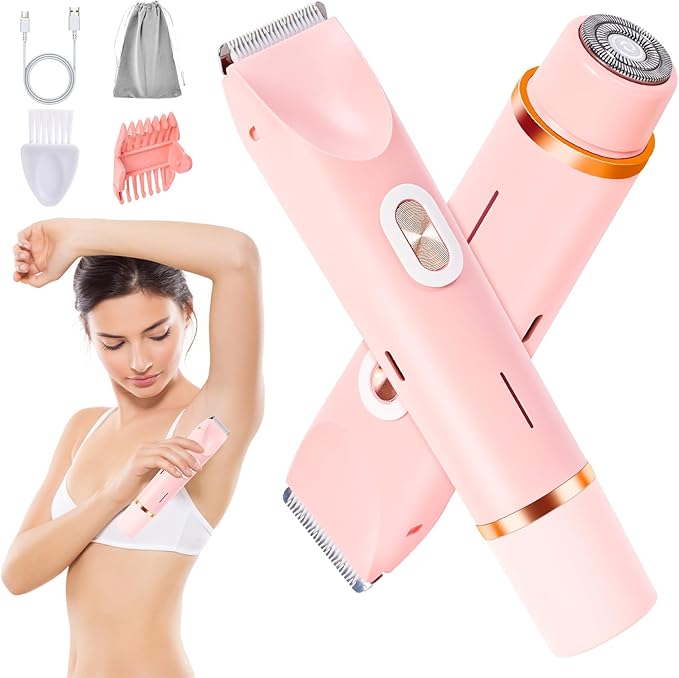 2 in 1 Bikini Trimmer for Women, Dual Head Electric Rozor, Facial Hair Removal, Ipx7 Waterproof Body Shaver for Bikini Face Armpit Pubic Hair Leg Back, Easy Cleaning, Ceramic Blade (Pink)