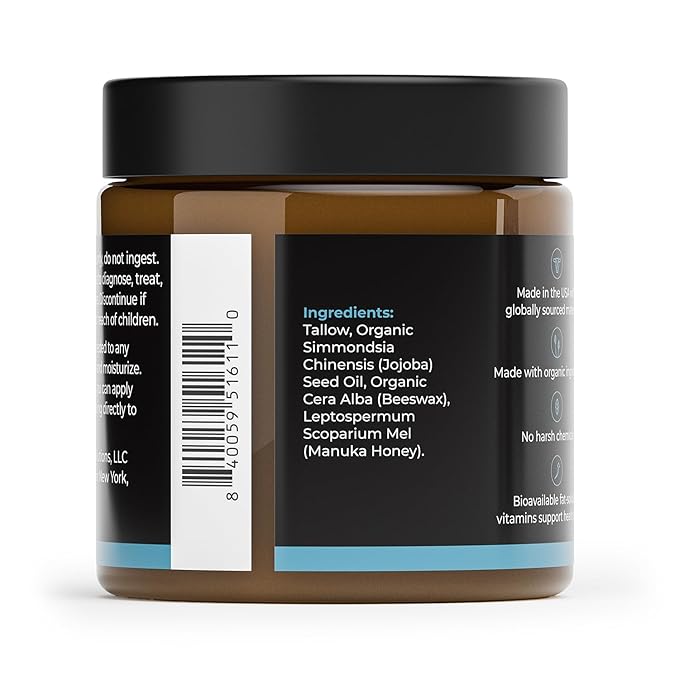 Healing Solutions - Whipped Tallow Balm, 100% Grass Fed/Grass Finished Beef Tallow with Organic Jojoba & Manuka Honey for Skin, Face & Body, All Natural Moisturizer Cream, Made in USA