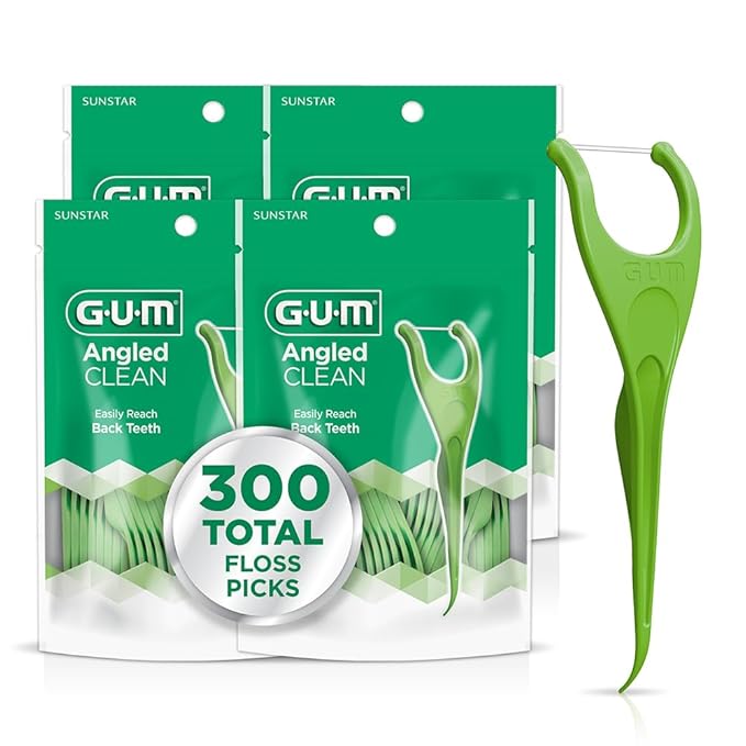 GUM Angled Floss Picks, Perfect for Tight Teeth, Extra Strong Shred-Resistant Dental Floss, Angled for Easy Reach, Dental Flossers for Adults, Fresh Mint Flavor, 75 Count (Pack of 4) 300 Total
