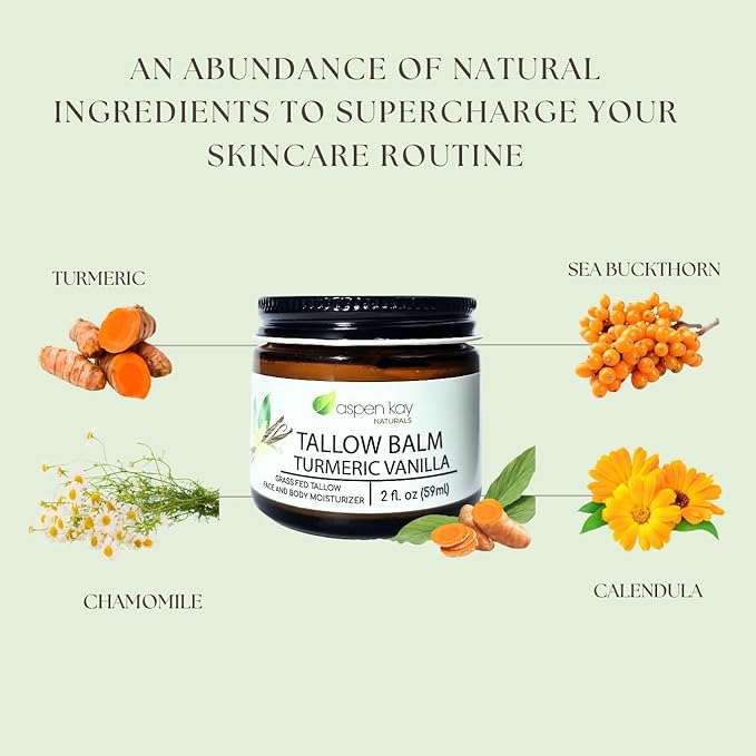 Aspen Kay Naturals Handmade 100% Grass Fed Beef Tallow Balm for Skin Care, Organic Turmeric Moisturizer + Vitamin C (Turmeric Vanilla) Organic Body Butter - 2 fl. oz. Made in USA