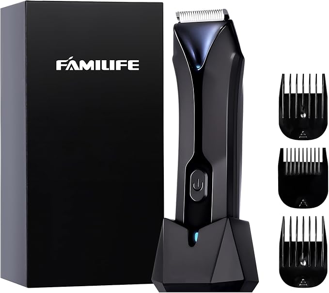 FAMILIFE Body Trimmer for Men, Ball Trimmer Men, Electric Groin & Pubic Hair Trimmers, Replaceable Ceramic Blade Heads, Waterproof Wet/Dry Use, Standing Recharge Dock, 90 Minutes Usage