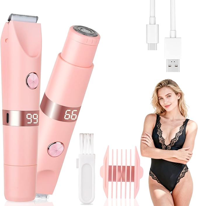2-in-1 Electric Shaver & Bikini Trimmer with LED Display for Women & Men，IPX7 Waterproof Wet/Dry Electric Razor with Dual Head, Rechargeable Painless Body & Facial Hair Remover (Pink)