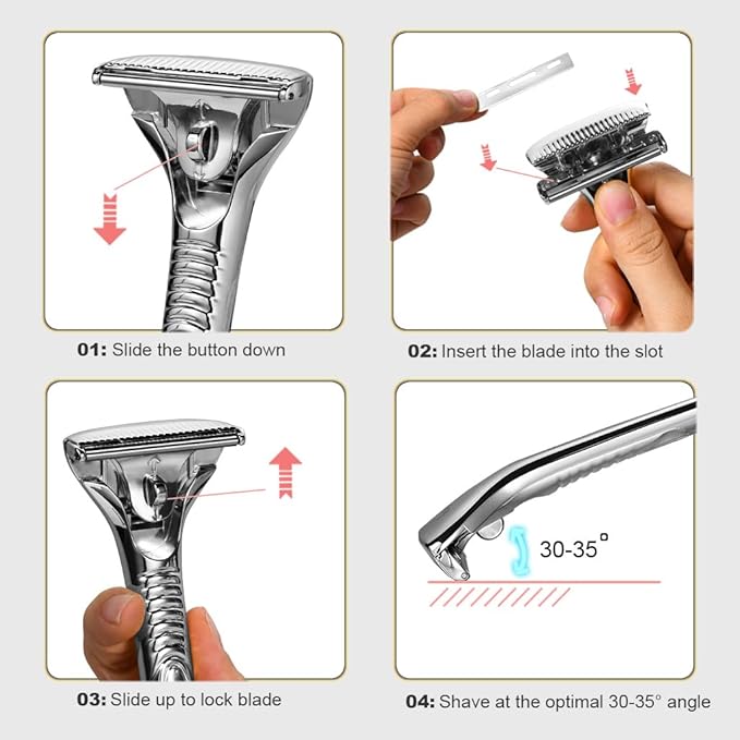 Single Blade Razors for Men and Women, Reusable Modular Safety Razor with Magnetic Head and Metal Non-Slip Grip, 10 Single Edge Razor Blades & Leather Case,Silver Roller
