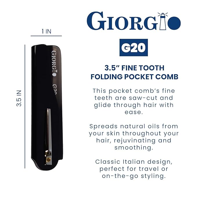 Giorgio G20 Fine Tooth Folding Mustache and Beard Comb - Small Pocket Comb for Everyday Hair Care and Styling - Sawcut and Hand Polished (Black Graphite)