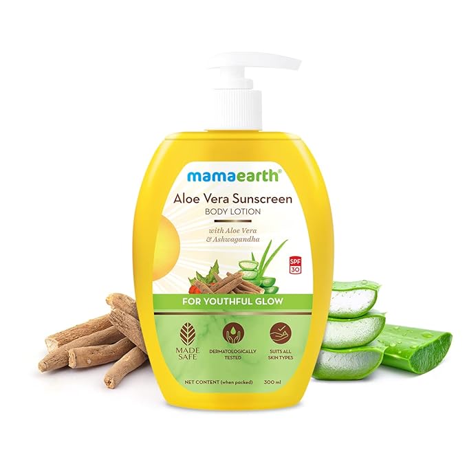 Mamaearth Aloe Vera SPF 30 Sunscreen Body Lotion | Helps Prevent Tanning & Adds Glow to Skin | Lightweight & Non-Greasy | Suits All Skin Types | 10.14 Fl Oz/300ml