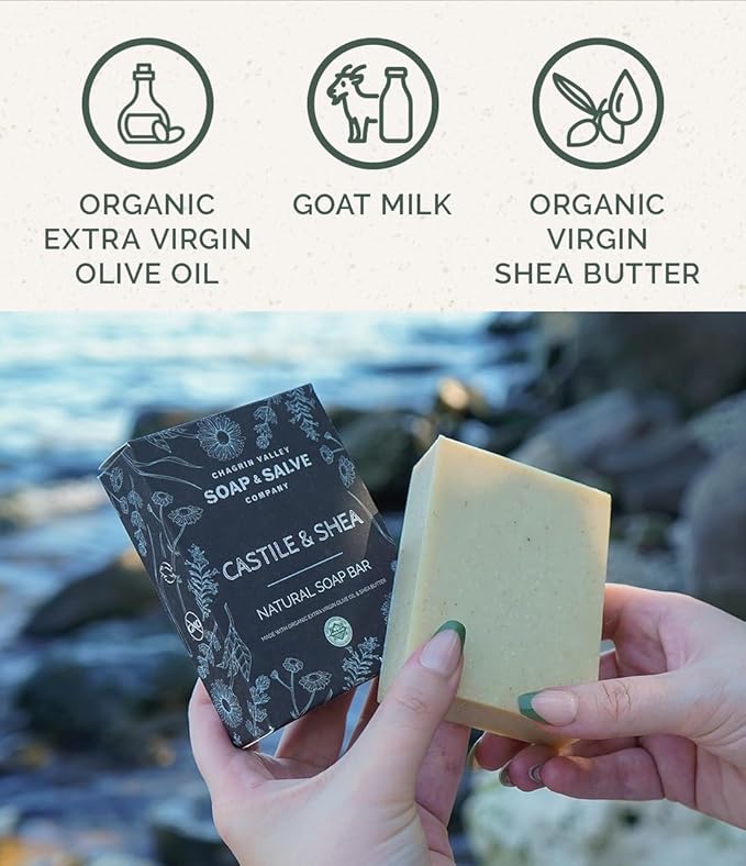 Chagrin Valley Natural Soap Bar - Organic Castile & Shea Butter - For Sensitive Skin and Itchy Skin Relief - Large 5.6 oz Unscented Bar Soap For Women and Men