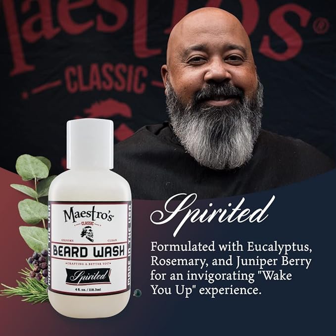 Maestro's Classic BEARD WASH | Anti-Itch, Deep Cleaning, Non-Drying, Fully Hydrating Gentle Cleanser For All Beard Types & Lengths- Spirited blend, 4 Ounce