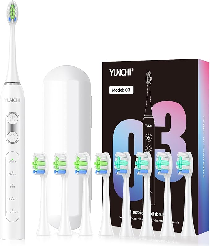YUNCHI Electric Toothbrush for Adults and Kids, Rechargeable Sonic Electric Tooth Brush with 8 Brush Heads, 90 Days, 5 Models & 2 Minutes Smart Timer, Travel Case, 44000 VPM Motor, White