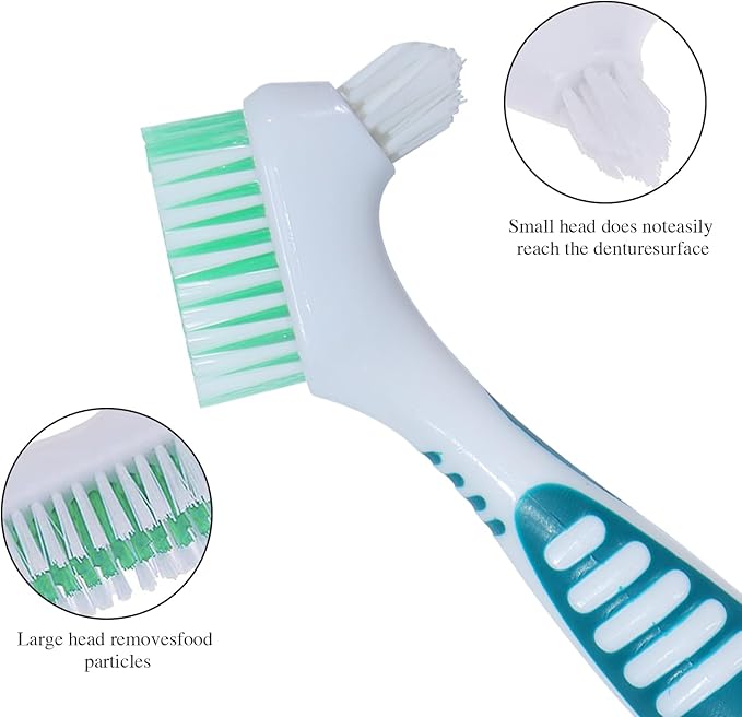 2Pcs Denture Brush False Teeth Toothbrush with 1 White Carrying Case, Effective Denture Cleaning Brush with Multi-Layered Soft Bristles,Green and Purple