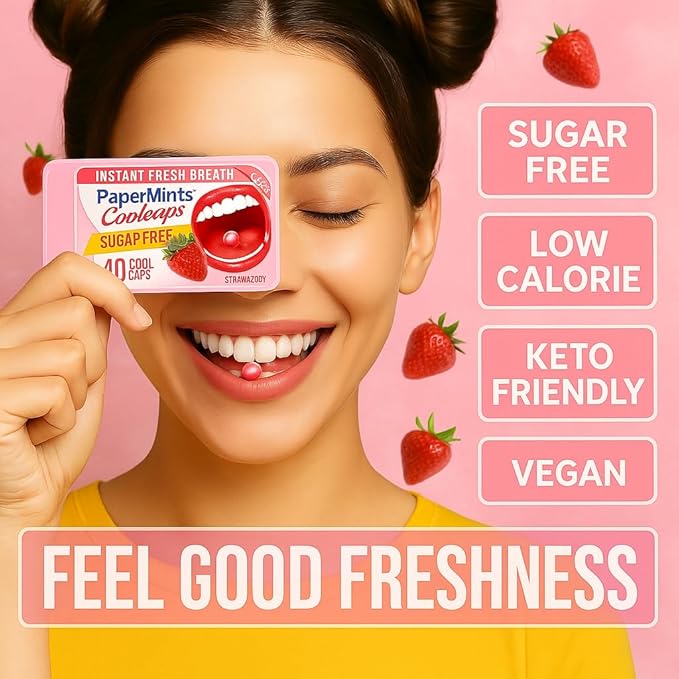 PaperMints CoolCaps - Instant Fresh Breath Mints Sugar-Free 4 Pack - 160 capsules. Extreme Bad Breath Treatment for Adults, Breath Freshener Pearls for Halitosis Treatment Keto-Friendly Strawberry