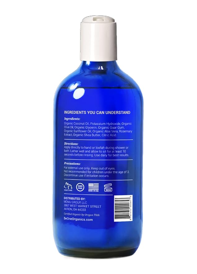 Certified Organic Unscented Body Wash by Be-One - Sensitive Skin - Moisturizing - Paraben & Sulfate Free - Vegan - All Natural - Soap - For Men & Women - Eczema - Gentle - Made in USA