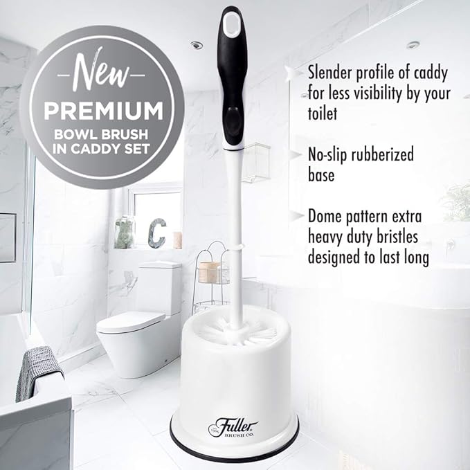 Fuller Brush Toilet Bowl Brush in Caddy Set – 16-Inch Long Handle – Heavy Duty Dome Tufted Bristles, Rubberized Non-Slip Grip, Bathroom, Rim, Trap Cleaner (Pack of 2)