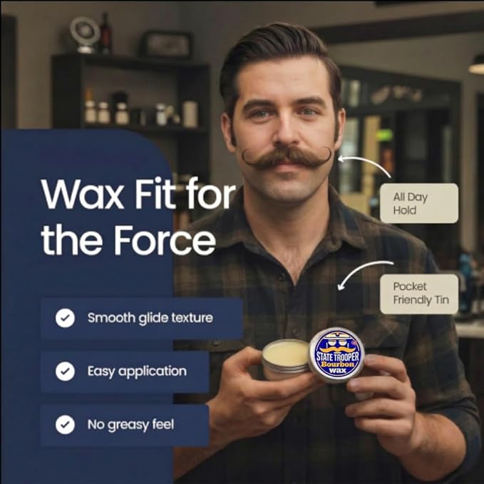 State Trooper Medium Hold Mustache Wax For Men with Natural Beeswax, Coconut Oil & Lanolin – Natural Moustache Grooming & Styling with Bourbon Scent - Nourishing Conditioner & Sculpting