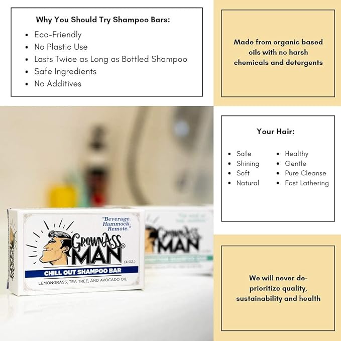 Grown Ass Man Co. - Solid Shampoo Bar Rich Lather 3 in 1: Hair, Beard & Body Wash - Plastic Free & Eco-Friendly, Natural & Organic Clean for All Hair Types, 4oz Bar (Mint Condition, 6-Pack)