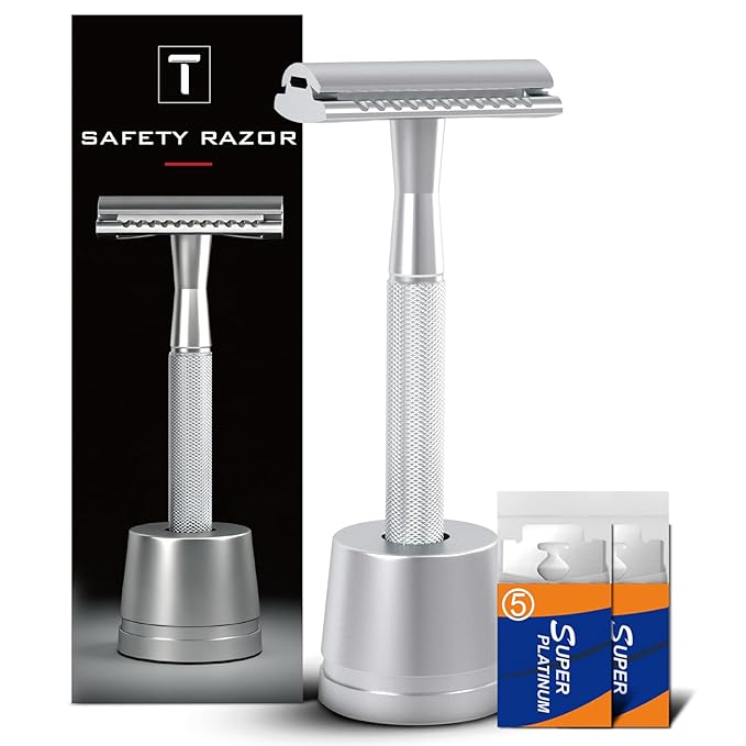 Single Blade Safety Razors for Men, Shaving Razor Kit, with 10 Double Edge Blades and 1 Stand, Stainless Steel Reusable Metal Razor, Holiday Gifts for Men Him Husband Dad Son Brother