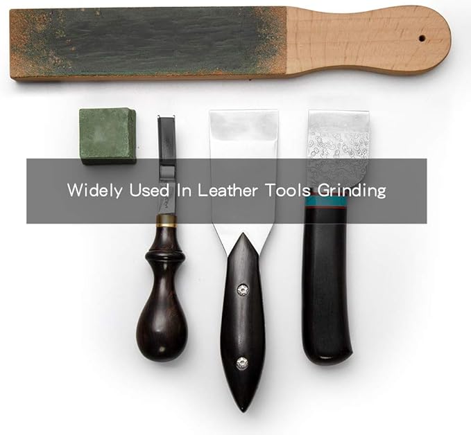 WUTA Natural Leather Sharpening Strop w/Green Polishing Compound,Knife Razor Polishing Board Wooden Handle Double-Sided Vegetable Tanned Leather
