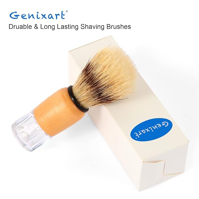 Genixart Nature Bristle Shaving Brush with Varnished Wooden Handle Plus Transparent Base, Perfect for Mens Wet Shave (2pcs Gift Pack)