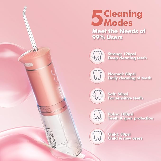 Water Flosser Mini Cordless Portable: 5 Modes Travel Water Dental Floss with Telescopic Water Tank, IPX7 Waterproof Oral Irrigator for Teeth Cleaning Gums,Orthodontic,Braces Dental Care (Peach Fuzz)