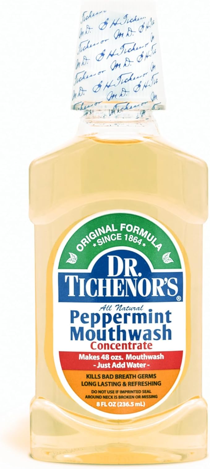 Dr. Tichenor's Peppermint Mouthwash Concentrate - Oral Rinse for Bad Breath and Oral Health With a Minty Punch for Soothing Relief of Minor Sore Throat Irritation - 8 Ounce (Pack of 1)