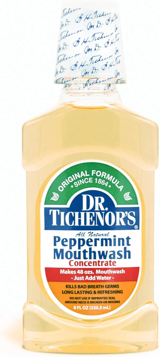 Dr. Tichenor's Peppermint Mouthwash Concentrate - Oral Rinse for Bad Breath and Oral Health With a Minty Punch for Soothing Relief of Minor Sore Throat Irritation - 8 Ounce (Pack of 1)
