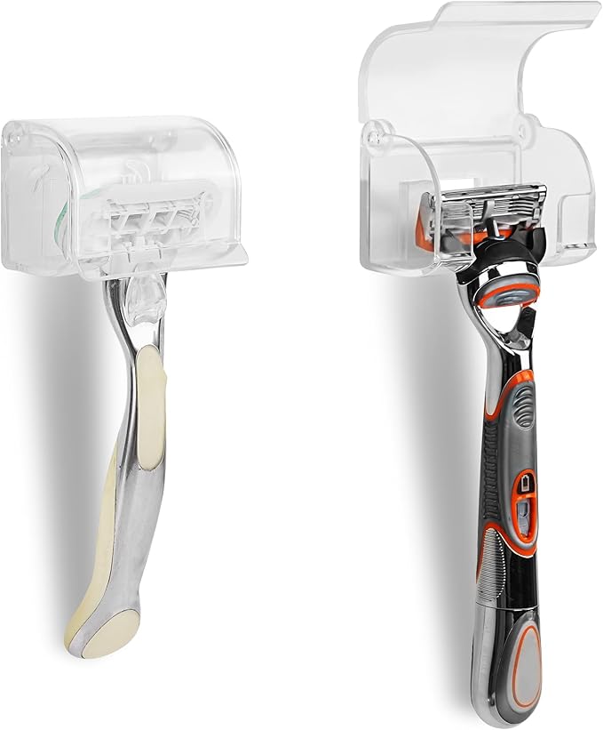 LUEXBOX 2 Pack Razor Holder with Cover for Shower Wall, Self Adhesive Razor Stand Shaver Organizer, Plastic Razor Hanger Hooks Compatible with Fusion 5 Proglide, Mach 3 Classic (Clear)
