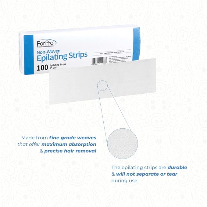 ForPro Professional Collection Non-Woven Epilating Strips, White, Tear-Resistant, Pre-Cut Strips for Hair Removal, 3” W x 9” L, 100-Count