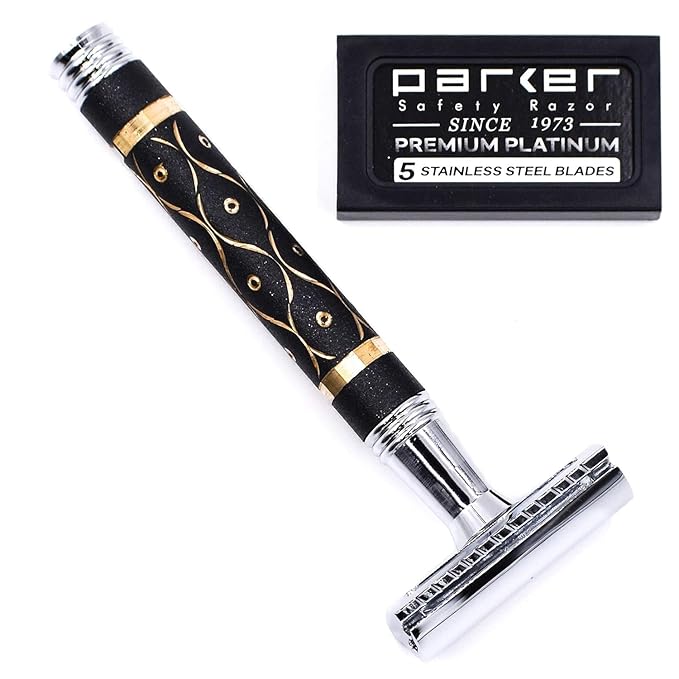 Parker 65R Super Heavyweight Double‑Edge Safety Razor – Sandstone‑Textured Brass Handle for Precise Grip & Control, 4" Long Handle – Includes 5 Premium DE Blades