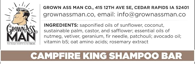 Grown Ass Man Co. - Solid Shampoo Bar Rich Lather 3 in 1: Hair, Beard & Body Wash - Plastic Free & Eco-Friendly, Natural & Organic Clean for All Hair Types, 4oz Bar (Campfire King, 6-Pack)