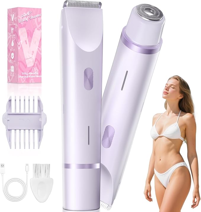 Bikini Trimmer for Women, Dual-Ended Electric Razor Personal Shaver for Bikini Line & Pubic Hair, Waterproof USB-C Rechargeable Body & Face Trimmer for Underarms & Legs (Lavender)