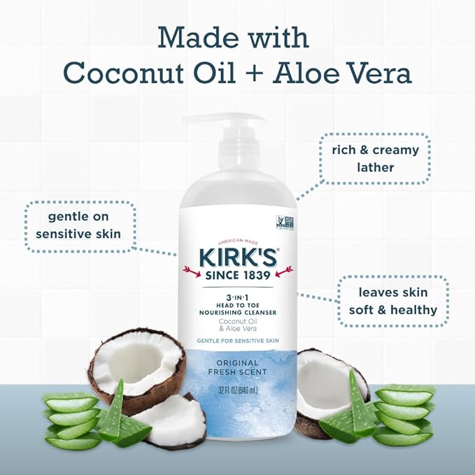 Kirk's 3-in-1 Head to Toe Nourishing Cleanser & Travel Size Bar Soap - for Men, Women & Children, Made with Premium Coconut Oil and Aloe Vera, Non-GMO & Vegan, Original Fresh Scent, 32 Fl Oz.