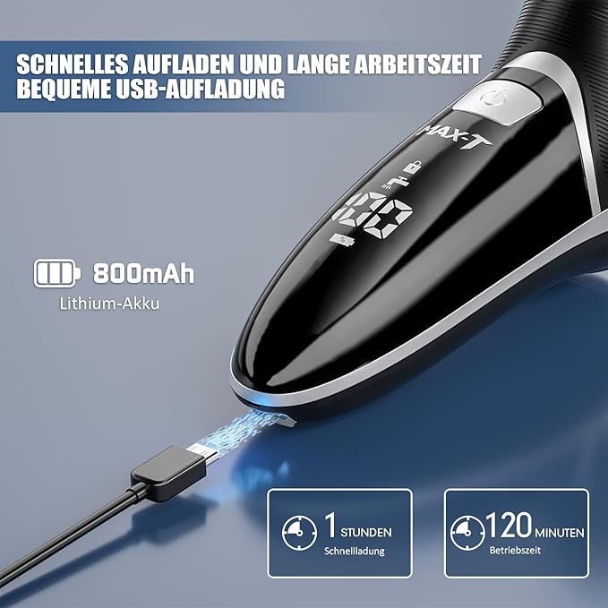 Electric Shaver for Men, MAX-T Quick Rechargeable Electric Razor Wet Dry Rotary Shaver with Pop Up Trimmer and LED Display, IPX7 100% Waterproof （8101 with Adapter Charger）