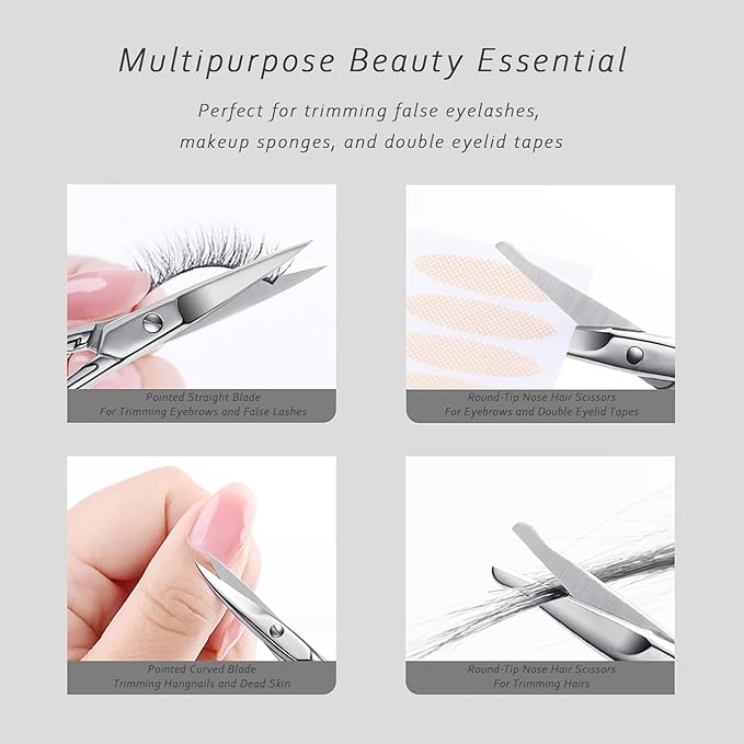 2 Pack Facial Hair Grooming Scissors for Men Women, Eyebrow, Nose Hair, Mustache, Beard, Eyelashes, Ear Trimming Kit - Curved and Rounded Safety Tip Clippers - Silver