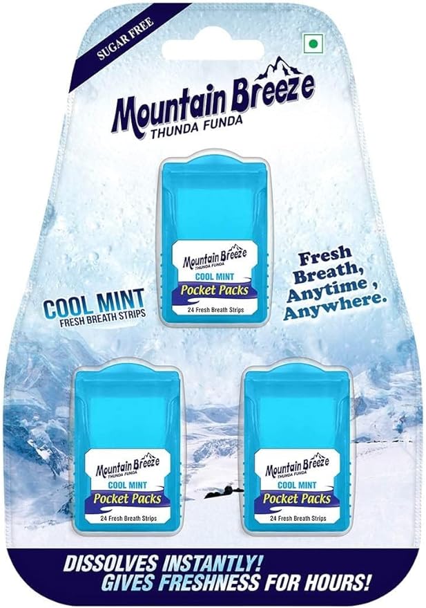 Mountain Breeze Oral Hygiene Mouth Freshener Sugar Free Cool Mint Flavoured Breath Strips (24 Strips Each Cassatte)-Pack of 1(3 Cassette) New