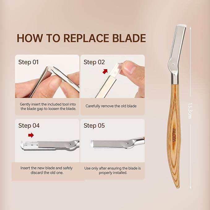 EyeBrow Razor with Safety Mesh Guard – Wooden Handle Eyebrow Trimmer for Women & Men, Includes 8 Replacement Blades & Leather Pouch for Peach Fuzz, Lip Hair & Brow Shaping