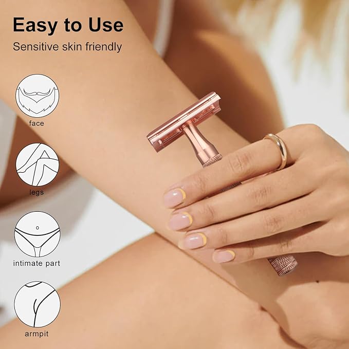 Rose Gold Double Edge Safety Razor with Stand, Single Blade Razors for Women and Men, Reusable Metal Razor, with 10 Double Edge Blades, Smooth & Close Shave, Plastic Free