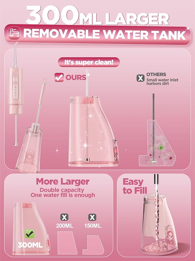 WELLFINE Water Dental Flosser Teeth Pick: Portable Cordless 4 Modes Flossers Pic 300ML Rechargeable Floss Pik Powerful IPX7 Waterproof Oral Irrigator for Cleaning Gum Care Braces for Home Travel