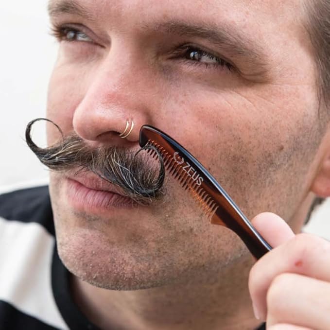 ZEUS Large 5” Mustache Comb for Men, Handmade Saw Cut, Long Handle Beard & Mustache Grooming Tool for Precise Styling (Tortoiseshell) P12