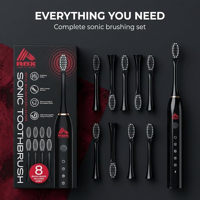 RBX Sonic Electric Toothbrush - Rechargeable Electric Toothbrush with 8 Brush Heads, Compact Travel Toothbrush, Ergonomic Handle, 6 Settings