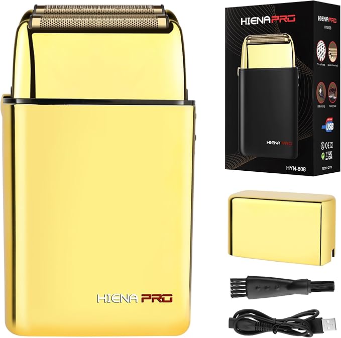 HIENA PRO Foil Shaver for Men Barber, Double Electric Foil Trimmer, Professional Electric Razor, Close Shaver, Cordless Rechargeable with USB, Gold
