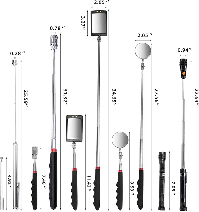 Telescoping Magnetic Pick Up Tool with 1lb& 15lb Pickup Rod, Round& Square 360 Swivel Adjustable Inspection Mirror, Flexible LED Flashlight, Cool Gadget Valentines Day Gifts for Him, Men, Teen Boys