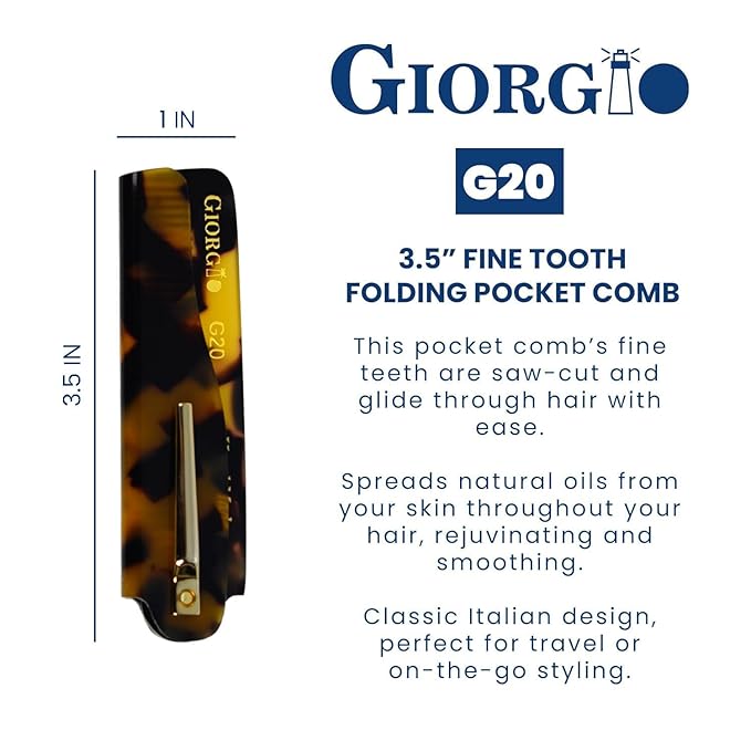Giorgio G20 Folding Mustache and Beard Comb 6.5 Inch - Fine Tooth Travel Comb for Everyday Styling and Hair Care - Handcrafted Sawcut and Hand Polished