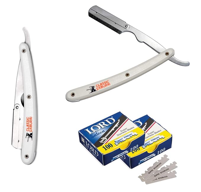 Stainless Steel Professional Barber Folding Straight Edge Razor with 200 Count Lord Single Razor Blades (White)