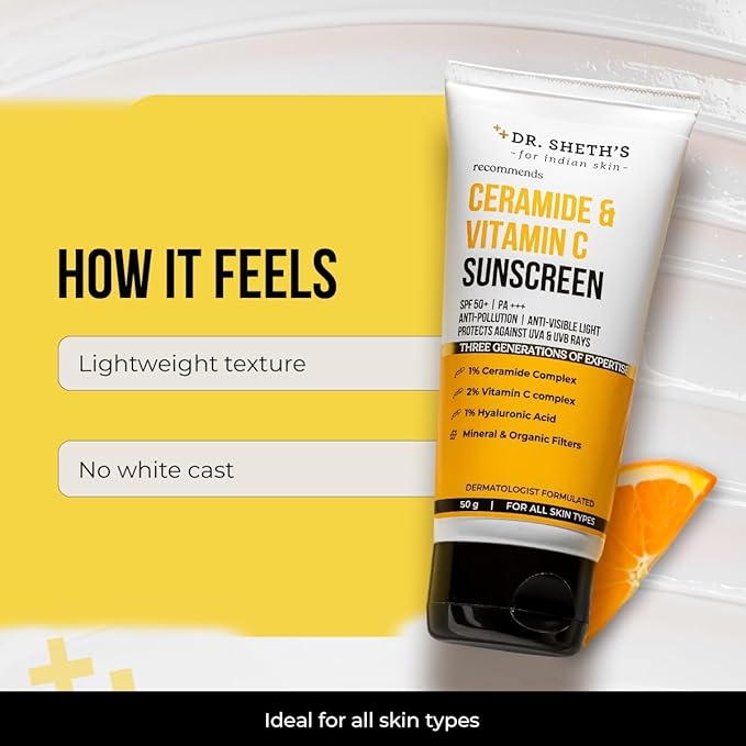 Dr. Sh.eth's Ceramide & Vitamin C Sunscreen | SPF 50+ Pa+++ | In-Vivo Tested | For Bright Skin & Healthy Glow | UVA/B & Bluelight Protection | For Men & Women | For All Skin Type | 50 g