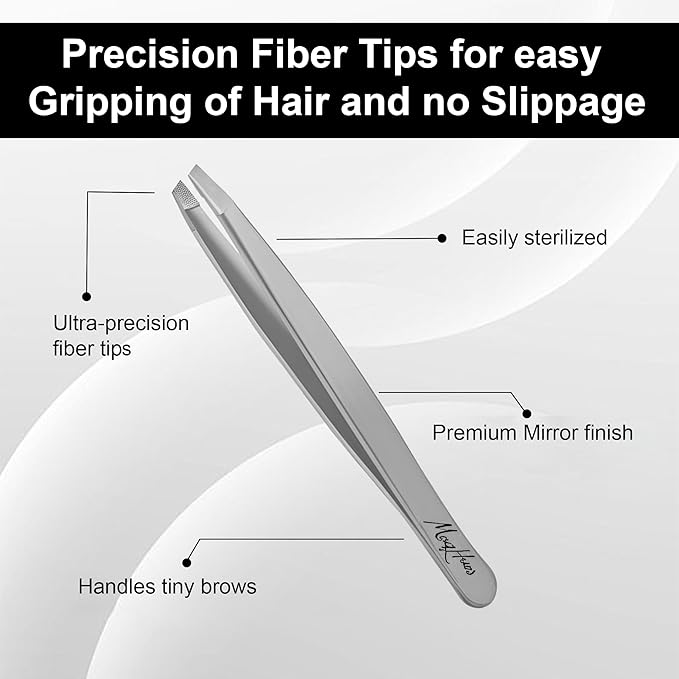 Fiber Tip Eyebrow Tweezers Set for Women & Men, 4 Pcs Professional Stainless Steel Tweezer Kit with Slant, Pointed, Flat & Pointed-Slant Tips for Facial Hair & Eyebrow Removal (Silver)