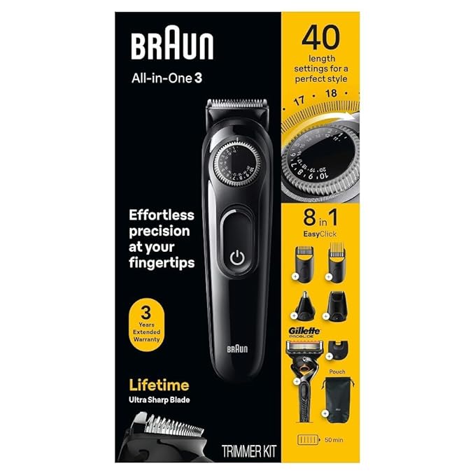Braun All-in-One Style Kit Series 3 3470, 8-in-1 Trimmer for Men with BeardTrimmer, Ear & NoseTrimmer, Hair Clippers & More, Ultra-Sharp Blade, 40 Length Settings, Washable