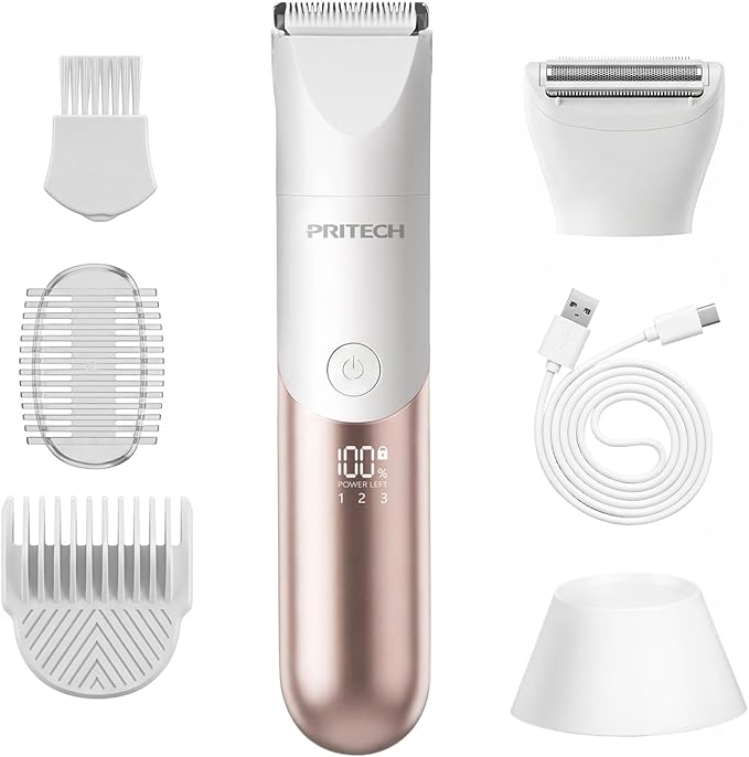 PRITECH Bikini Trimmer for Women, 2-in-1 Rechargeable Electric Razors for Women, Waterproof Bikini Shaver for Pubic Hair, Legs, Arms, Underarms, Electric Trimmer with Ceramic Blades, Travel Lock