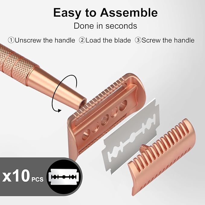 Double Edge Safety Razor with 10 Blades and Stand, Single Blade Razors for Men and Women, Long and Heavy Duty Stainless Steel Handle, Smooth Close Gentle Shave, Rose Gold