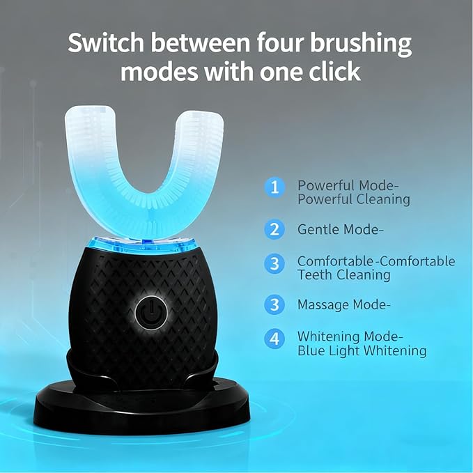U-Shaped Electric Toothbrush for Adults, Hands-Free Auto Teeth Cleaner with 360° Ultrasonic & Foam Mousse, 4 Brush Heads, LED Light & Charging Base Kit (Black)